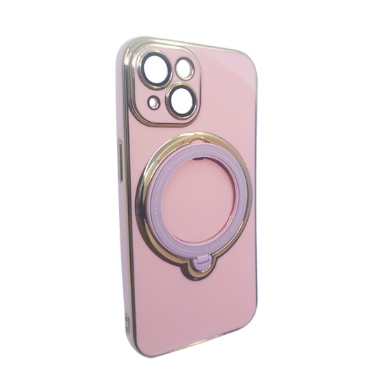 Capa de Silicone Dura com Protetor de Câmera e Anel de Suporte para Apple iPhone 14 Rosa